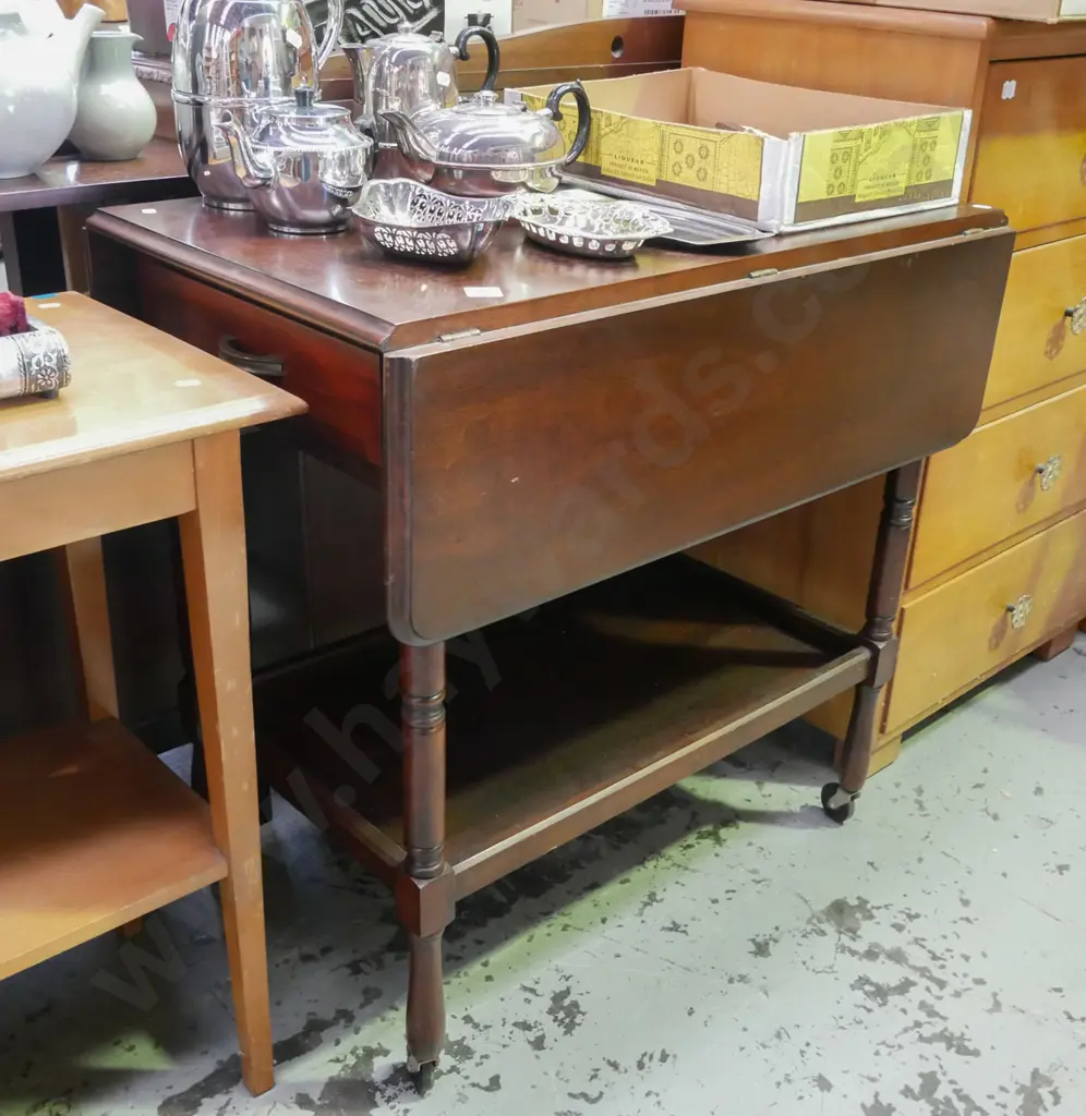 solid wood dropside tea wagon with 1 internal drawer Image 1++