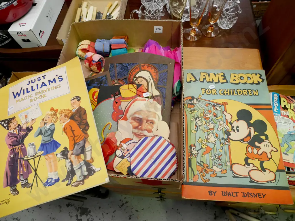 vintage paper Christmas decorations, crate of paper party hats, Just Williams colouring book, Disney book Image 1++