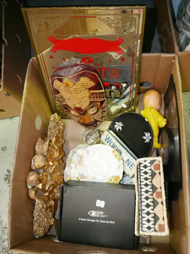 box; private bar mirror print, wooden mask, gilt golden angel wall art etc Image 1++