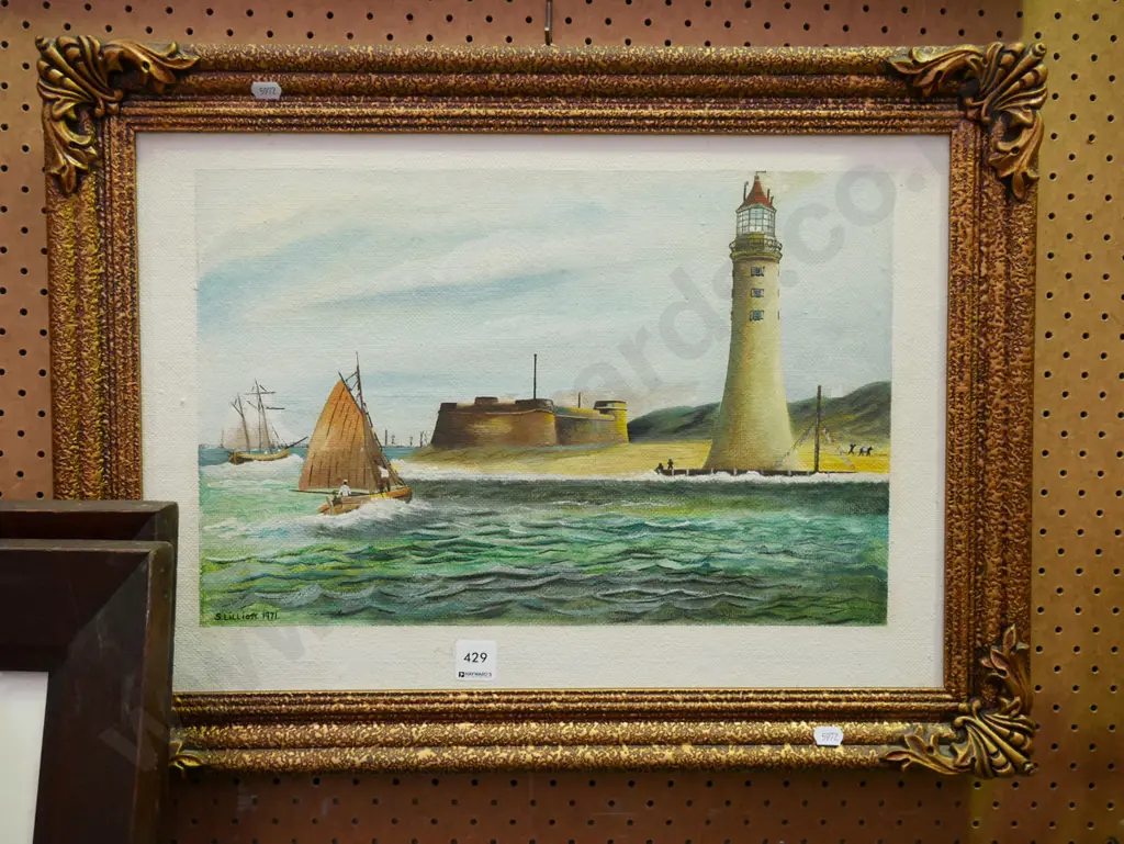 gilt framed oil - sailing boats and lighthouse Image 1++