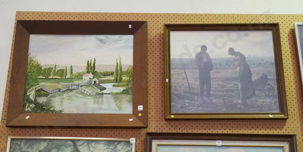 framed oil - pond and farmhousse, framed print - couple in field - yellow dots Image 1++