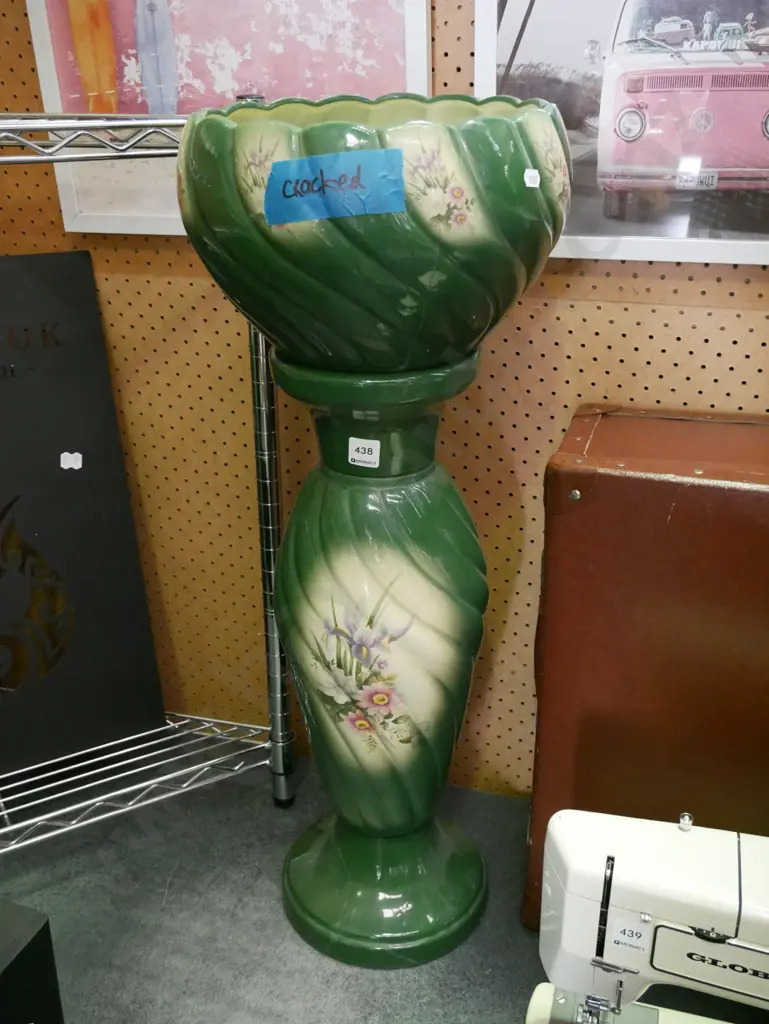 ceramic floral jardiniere (significant crack) and stand Image 1++