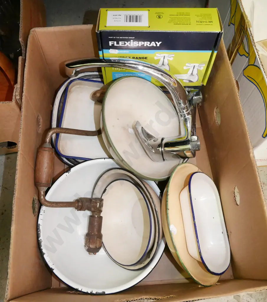 box; enamel bowls, plumbing hardware, auger bit Image 1++