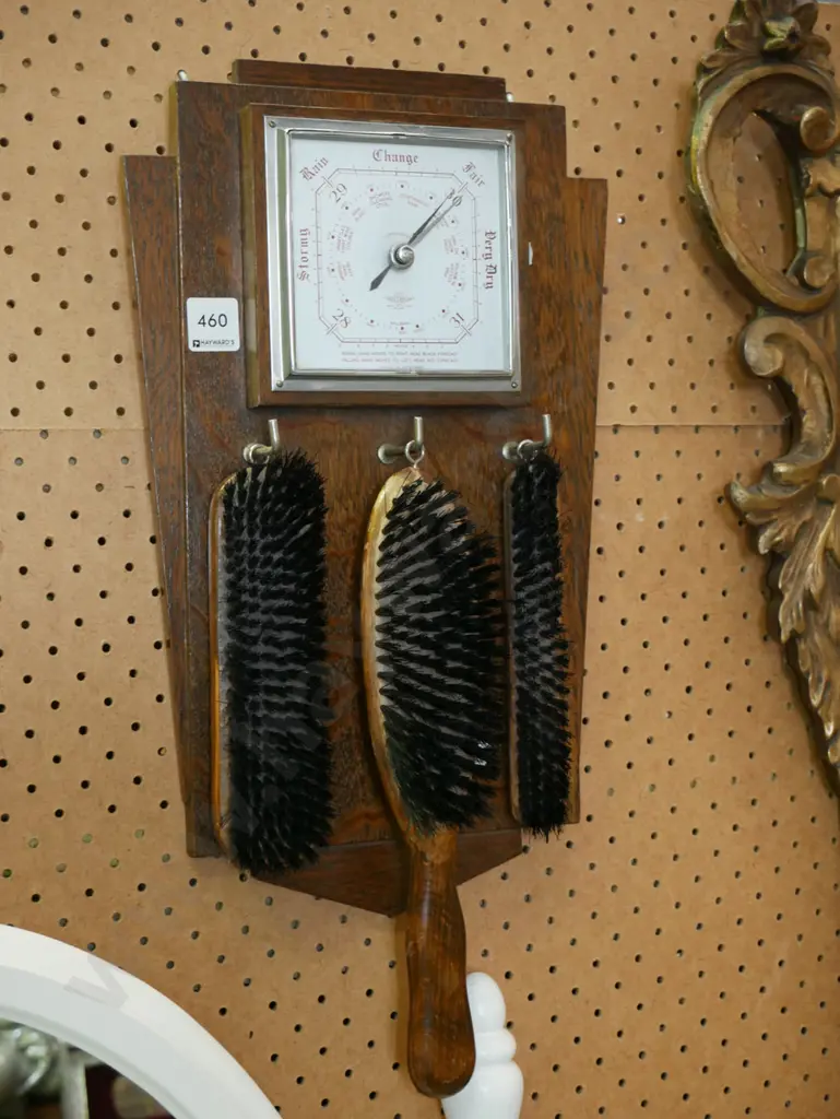 oak wall mounted barometer with clothes brushes Image 1++