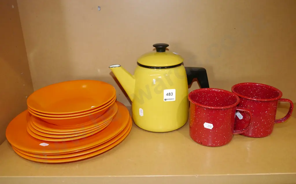 enamel coffee pot, yellow plastic plate, bowl etc Image 1++