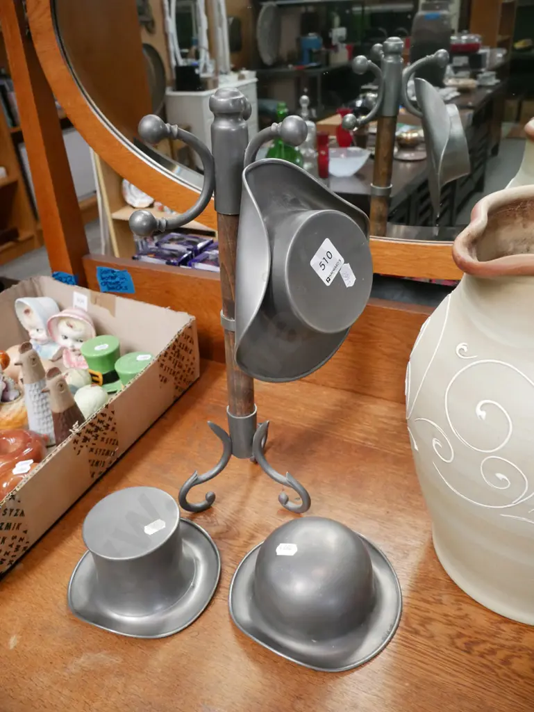 pewter and wood hat stand with 3 pewter hat type bowls H-400 Image 1++