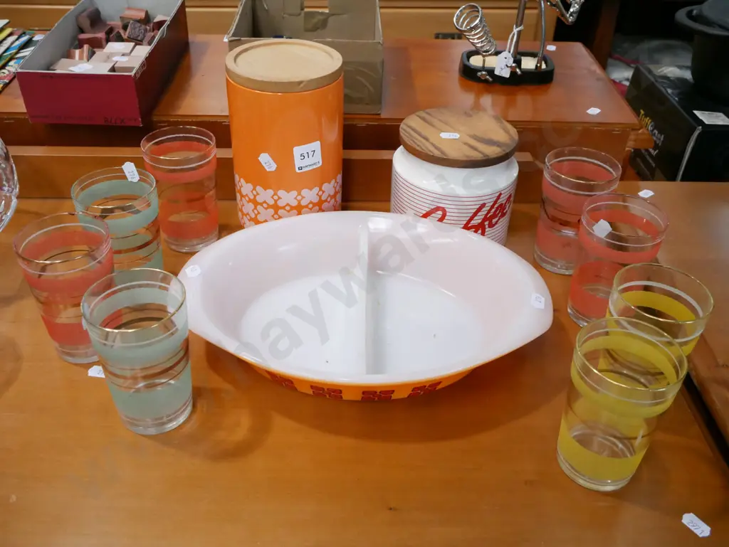 storage canisters, coloured glass tumblers, retro baking dish Image 1++