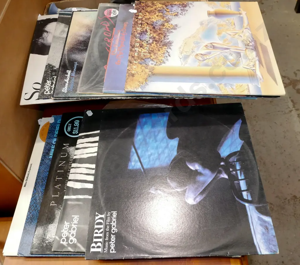 stack of LPs; Moody Blues, Rycooder etc Image 1++