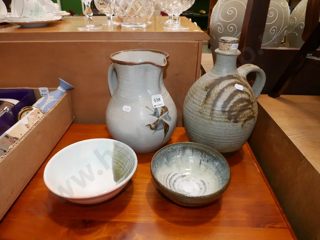 2x studio pottery bowls, water jug, stoppered jug Image 1++