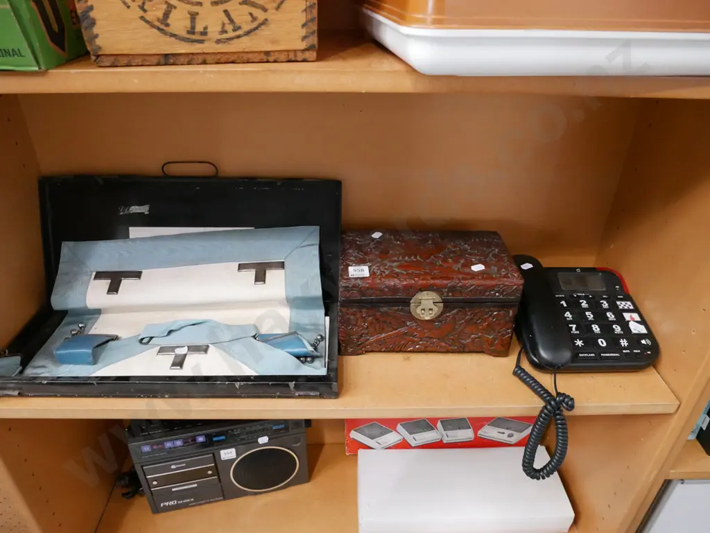 Lodge Regalia, small carved camphorwood chest, push button phone Image 1++