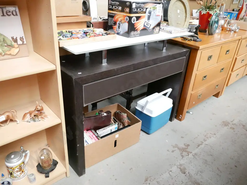 wood veneer, vinyl and ceramic glass top hall table with 1 storage drawer H-870 W-1080 D-360 Image 1++