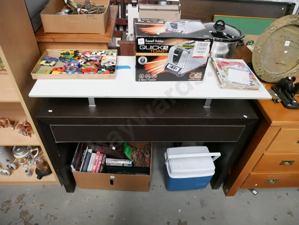 wood veneer, vinyl and ceramic glass top hall table with 1 storage drawer H-870 W-1080 D-360 Image 1++