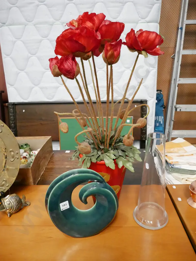 faux flowers in hand painted planter, koru ceramic glass vase Image 1++