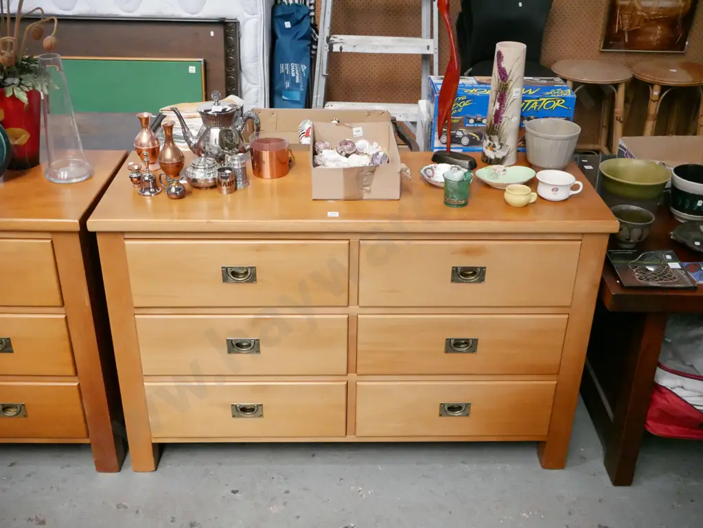 solid rimu 6 drawer low boy with brass campaign handles - some wear to surface Image 1++