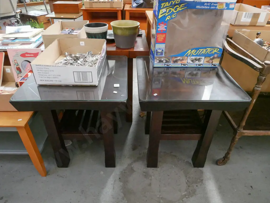 pair of solid dark stained glass top end tables Image 1++