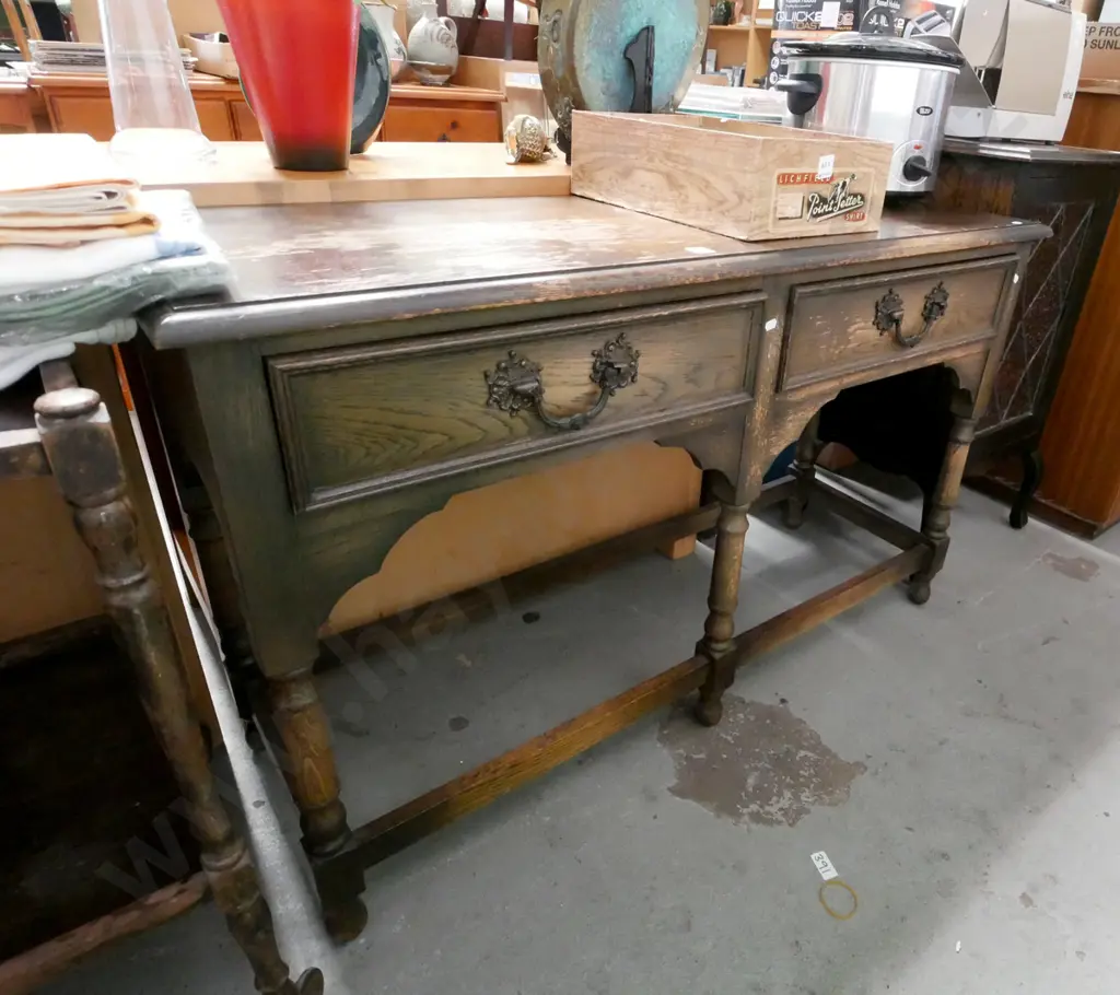 oak turned leg 2 drawer hall table - varnish needs attention H-750 W-1230 D-430 Image 1++