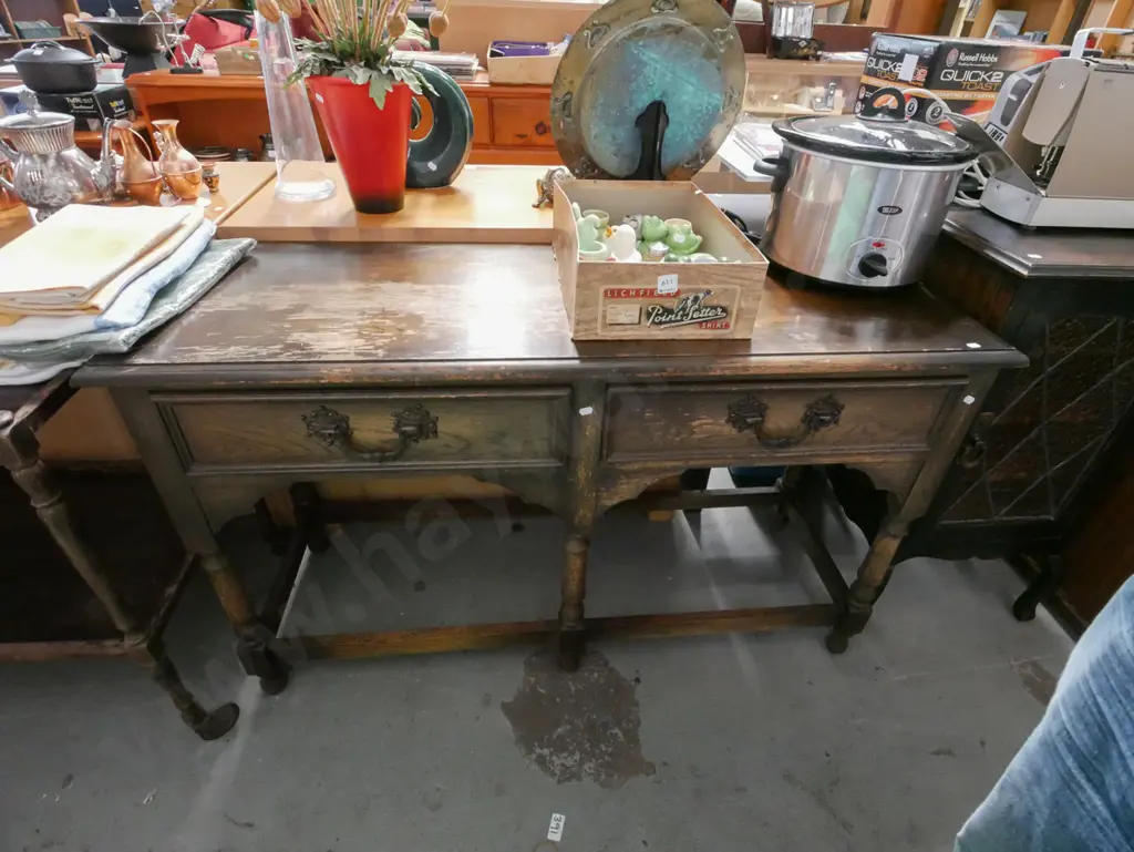 oak turned leg 2 drawer hall table - varnish needs attention H-750 W-1230 D-430 Image 1++