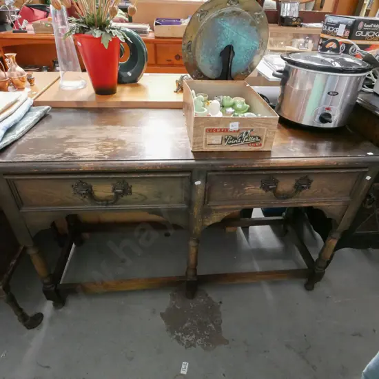 oak turned leg 2 drawer hall table - varnish needs attention H-750 W-1230 D-430