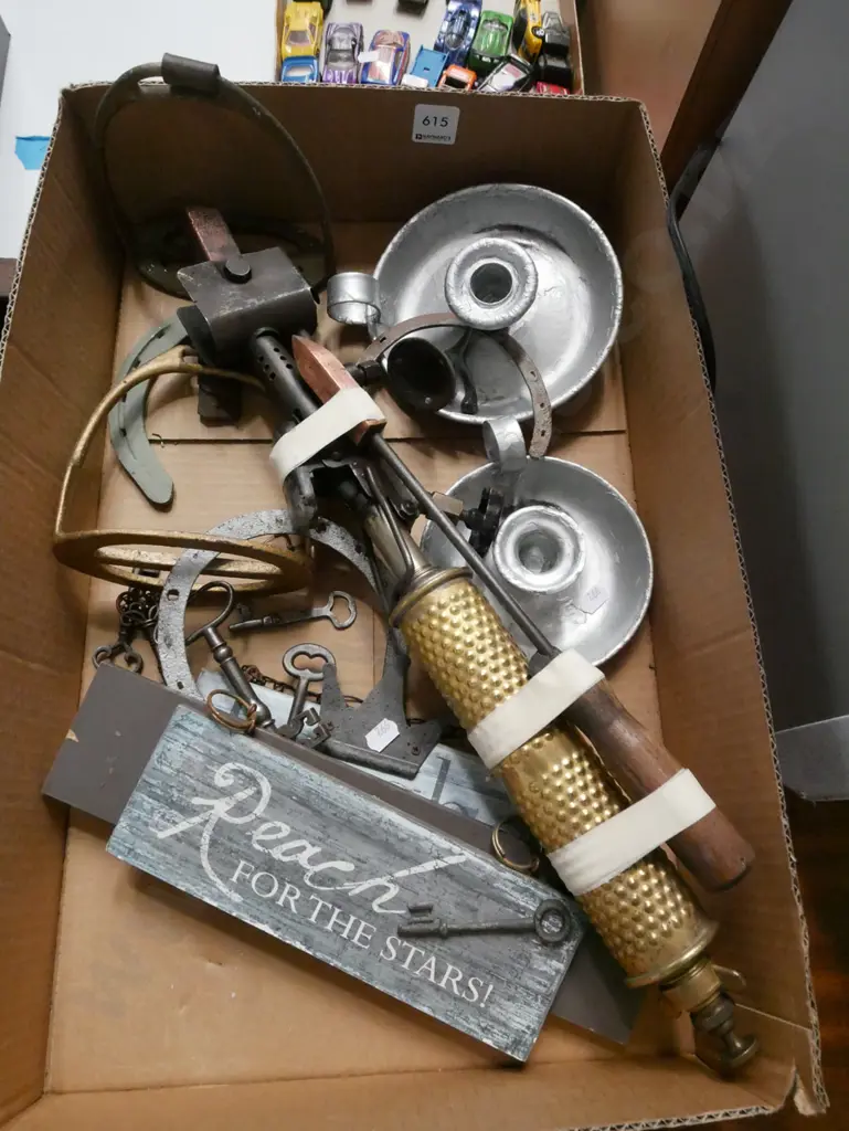 box; large brass blow torch, horse stirrups etc Image 1++