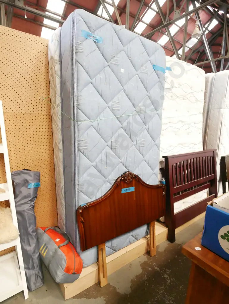 single bed with mismatched  base mattress and mahogany headboard Image 1++