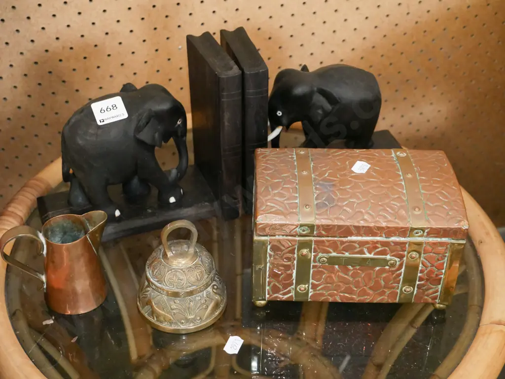 ebonised elephant bookends - damage, small chest, jug, bell Image 1++