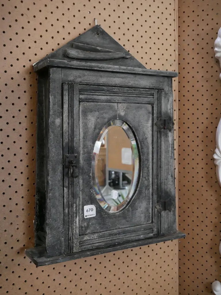 wall mounted medicine cabinet with bevelled edge mirror and distressed finish Image 1++