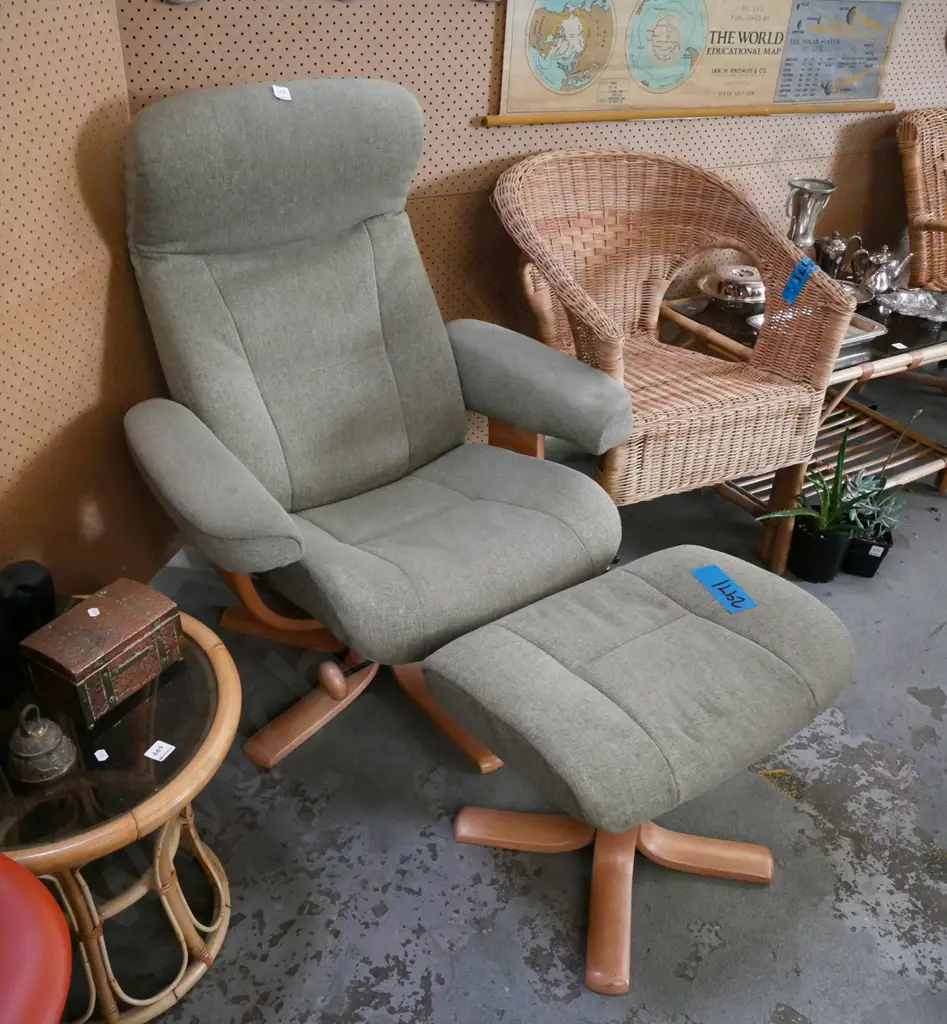 green Norwegian IMG swivel reclining armchair with matching footstool Image 1++