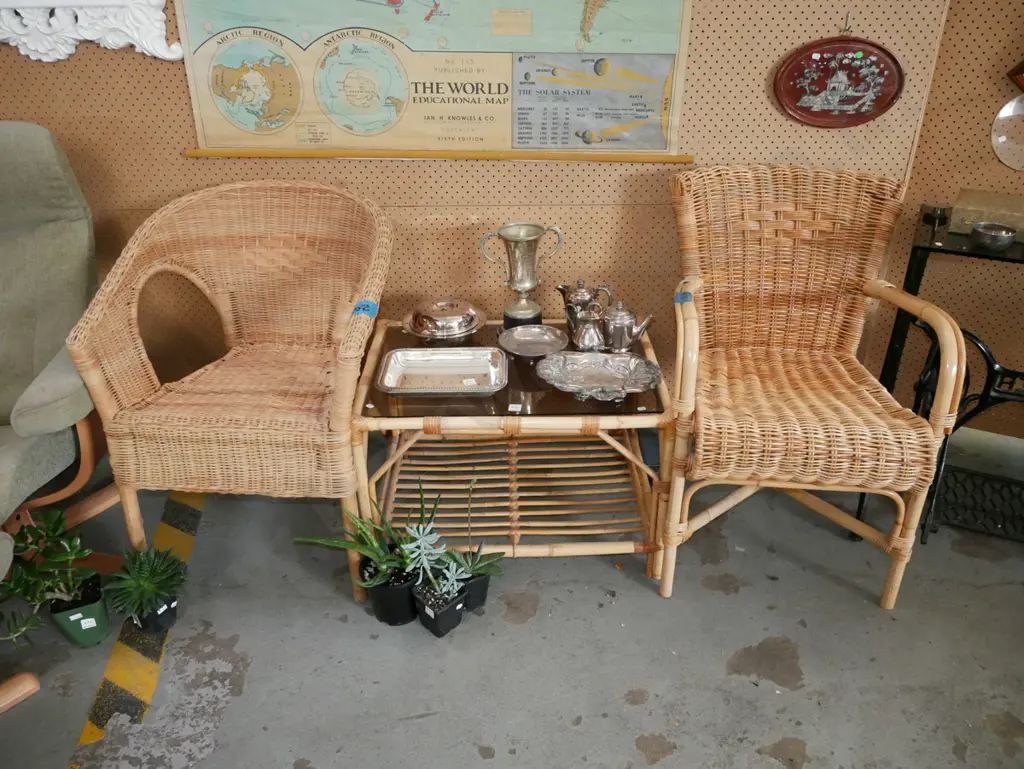 3 piece cane patio suite with 2 mismatched chairs and smoked glass coffee table Image 1++