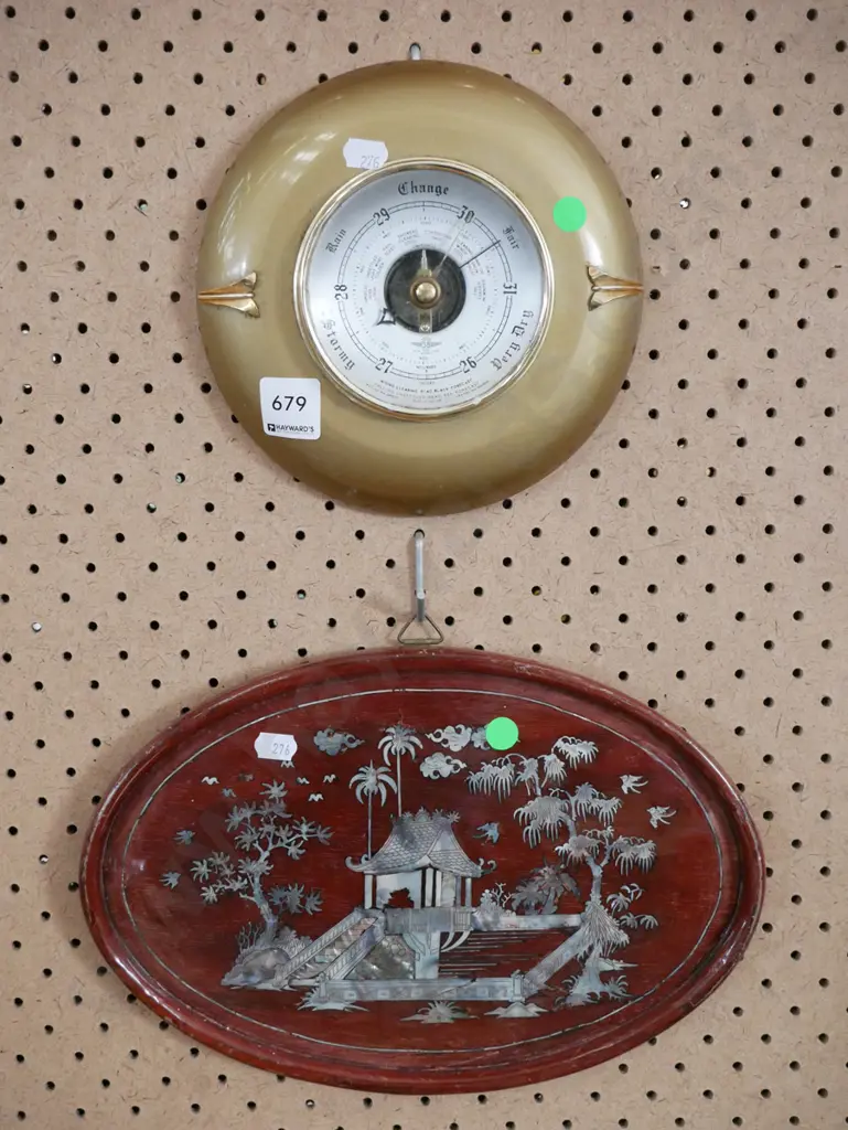 retro barometer, mother of pearl inlay tray - green dots Image 1++