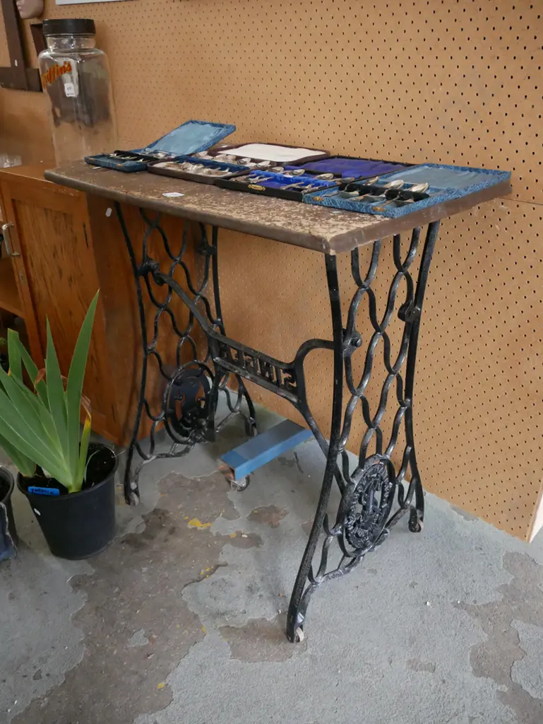 hall table made from Singer treadle base - chip board top Image 1++