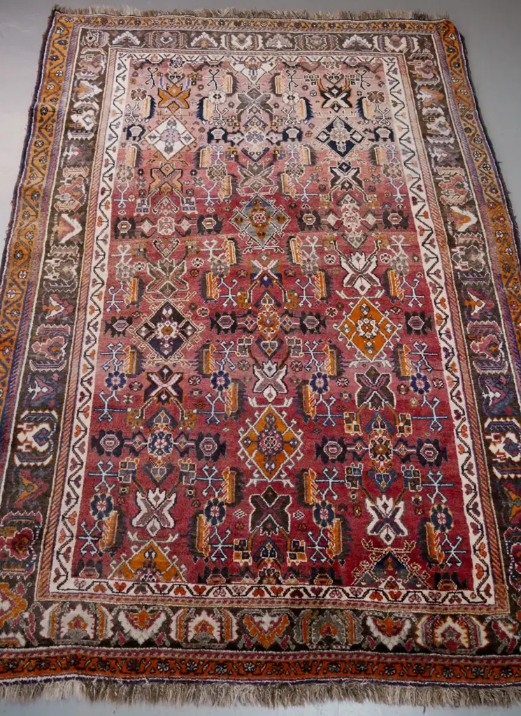 Iranian hand-knotted wool floor rug - reds, blues and saffron - fading, especially to one end L2510 Image 1++