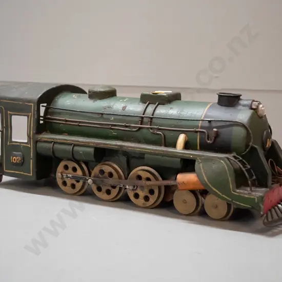 heavy metal model railway locomotive with electrical motor, corrosion and paint wear - unknown gauge, wheels are 60mm