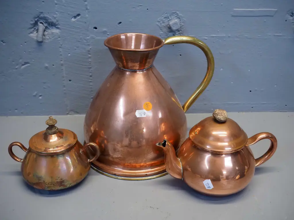 3 pieces of copper ware - English pitcher with brass handle H-210 W-240, Portuguese teapot and covered sugar Image 1++