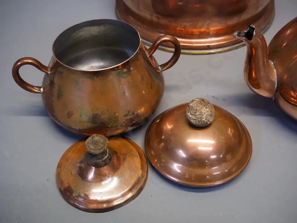 3 pieces of copper ware - English pitcher with brass handle H-210 W-240, Portuguese teapot and covered sugar Image 1++