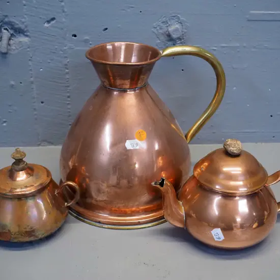 3 pieces of copper ware - English pitcher with brass handle H-210 W-240, Portuguese teapot and covered sugar