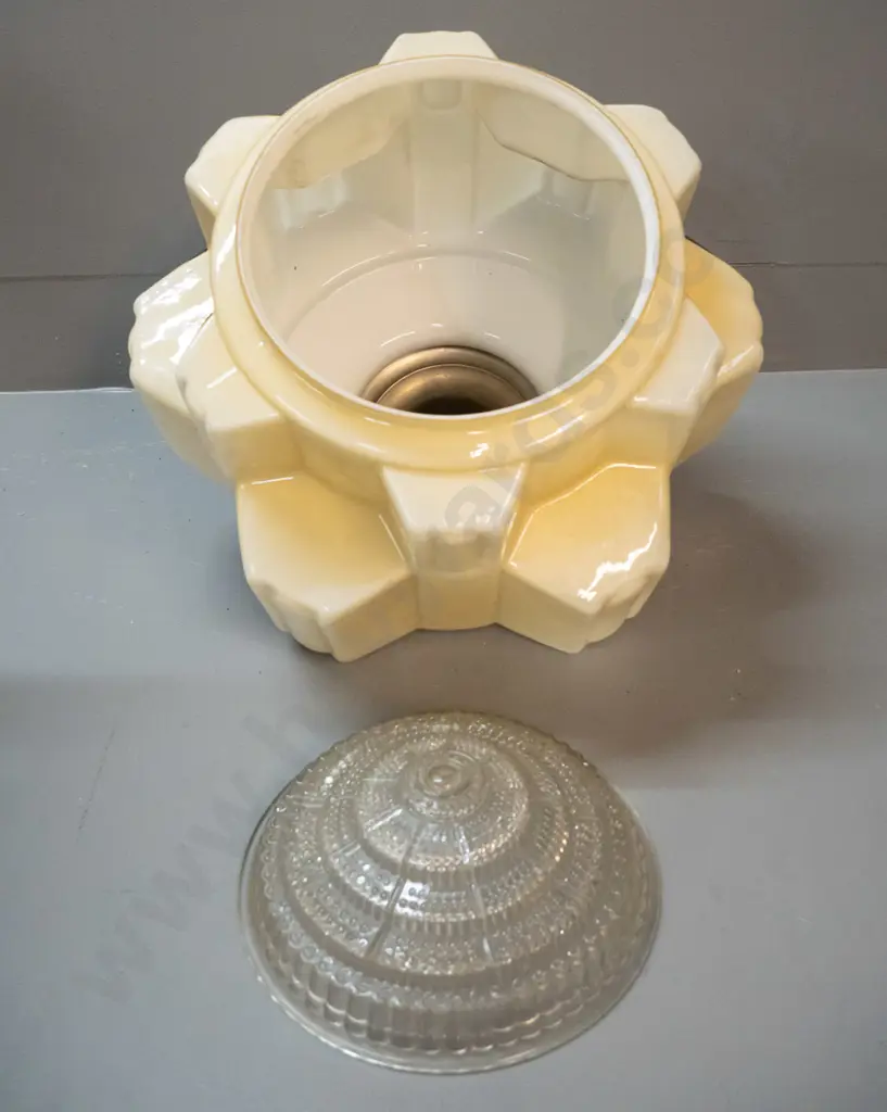 large art deco hexagonal faceted ceiling light fitting with chrome journal & moulded glass insert H-340 Image 1++