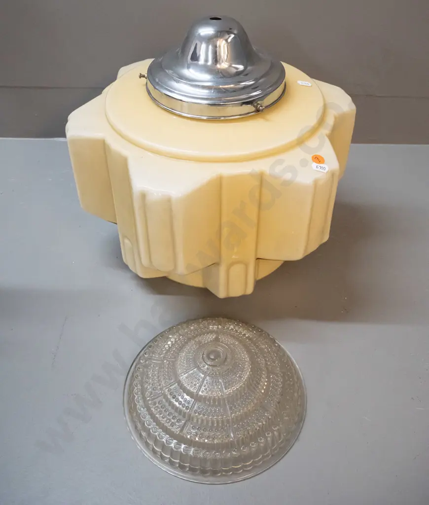 large art deco hexagonal faceted ceiling light fitting with chrome journal & moulded glass insert H-340 Image 1++