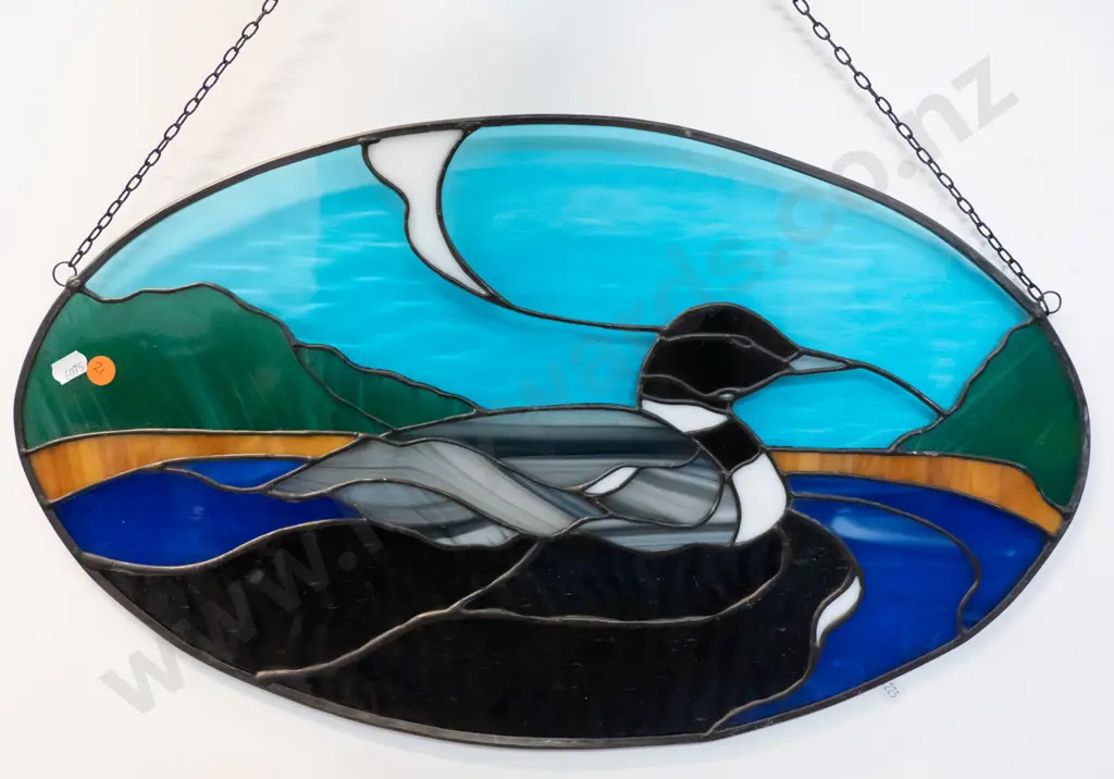 leadlight stained glass hanging oval panel of a loon H-300 W-510 Image 1++