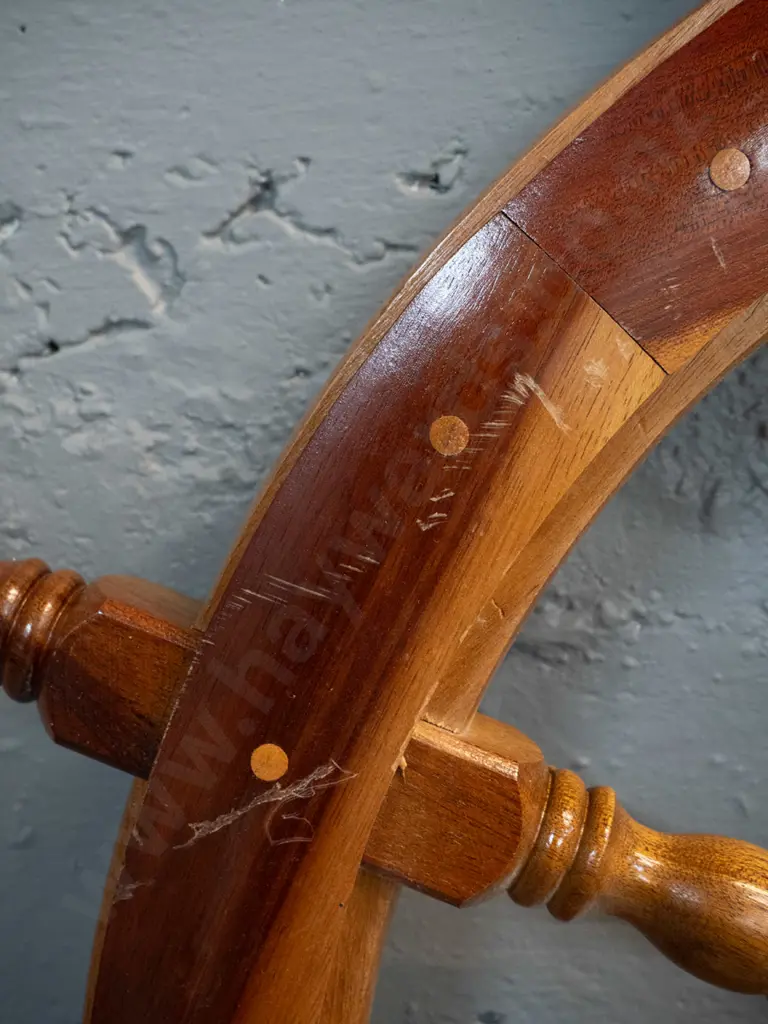 reproduction timber ship's wheel with brass finish metal hub - some scratches to timber D-920 Image 1++