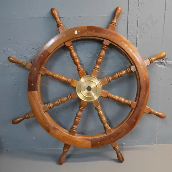 reproduction timber ship's wheel with brass finish metal hub - some scratches to timber D-920