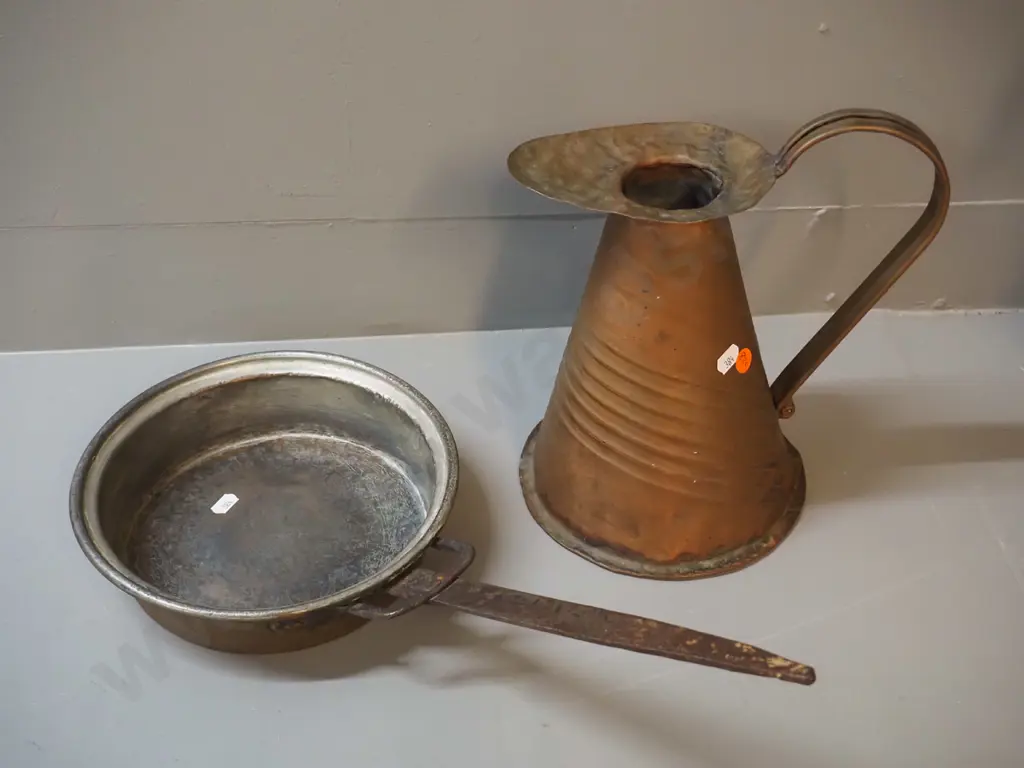 2 pieces of copper ware - beaten pitcher jug H-250 and a tin plated copper frying pan with forged handle Image 1++