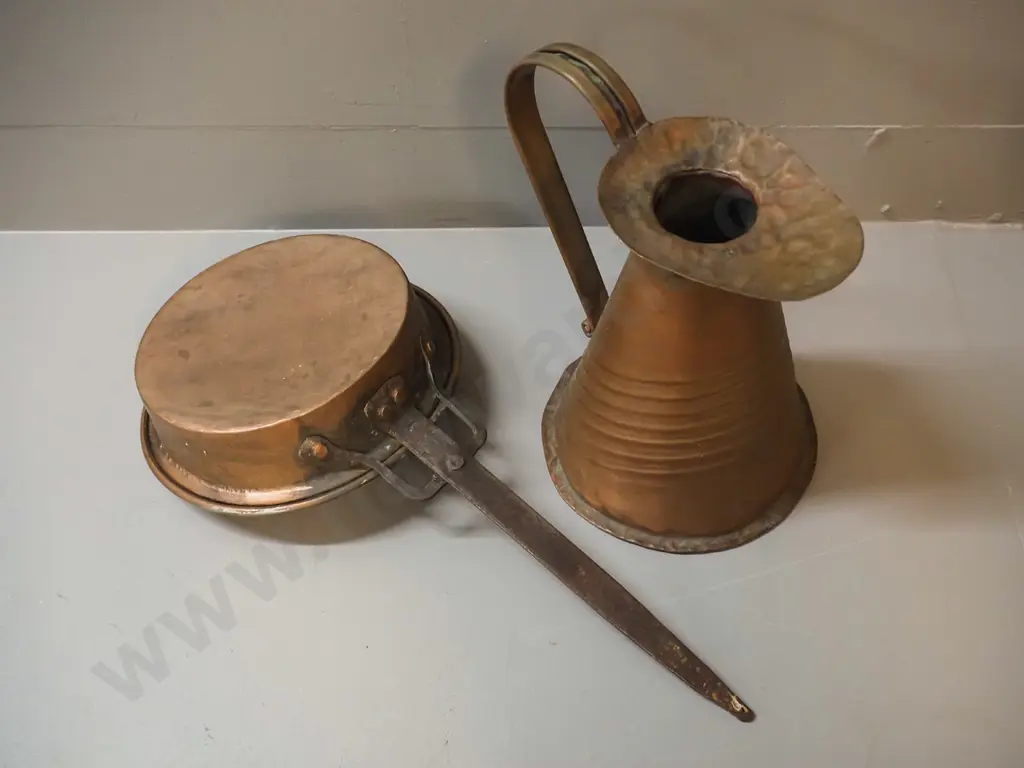 2 pieces of copper ware - beaten pitcher jug H-250 and a tin plated copper frying pan with forged handle Image 1++