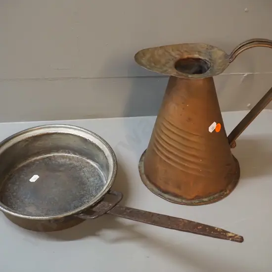 2 pieces of copper ware - beaten pitcher jug H-250 and a tin plated copper frying pan with forged handle