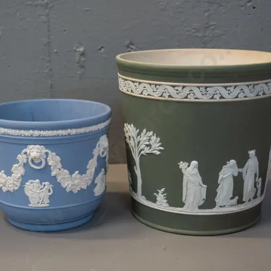 2 Wedgwood jasperware jardinieres - both with some staining inside, green one is H-160 D-160