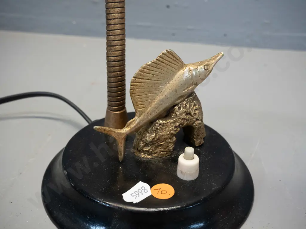 retro small gooseneck table lamp with cast metal leaping sailfish and rock figural base - base has been painted, some Image 1++