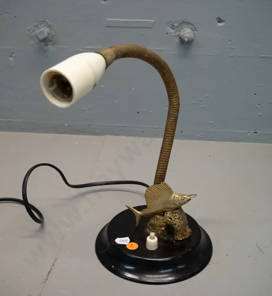 retro small gooseneck table lamp with cast metal leaping sailfish and rock figural base - base has been painted, some Image 1++
