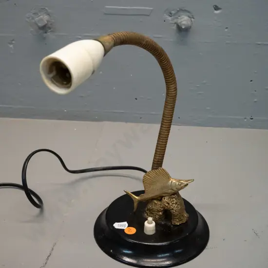 retro small gooseneck table lamp with cast metal leaping sailfish and rock figural base - base has been painted, some