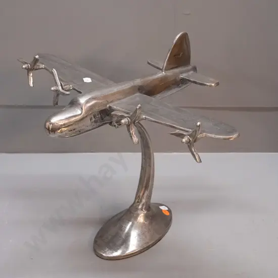 reproduction deco style cast aluminium model aeroplane on stand - casting a bit rough in places H-290 W-410 L-300