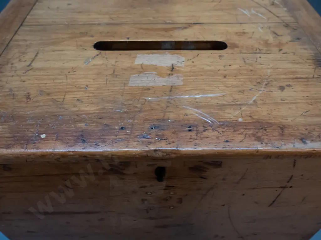vintage kauri ballot box with hinged lid, brass side handles, marked NZ with broad arrow on top and No. 113 on front, Image 1++