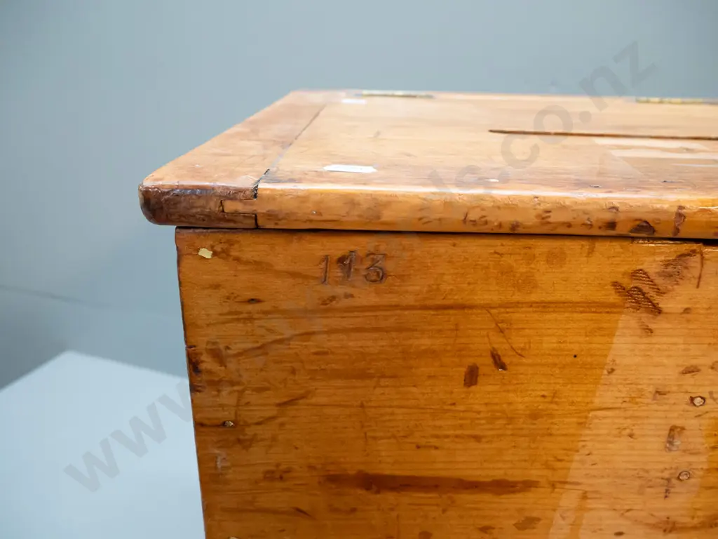 vintage kauri ballot box with hinged lid, brass side handles, marked NZ with broad arrow on top and No. 113 on front, Image 1++